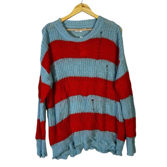 NWT Urban Outfitters Distressed Sweater Womens S Blue Orange Striped Y2K Grunge - Picture 2 of 6